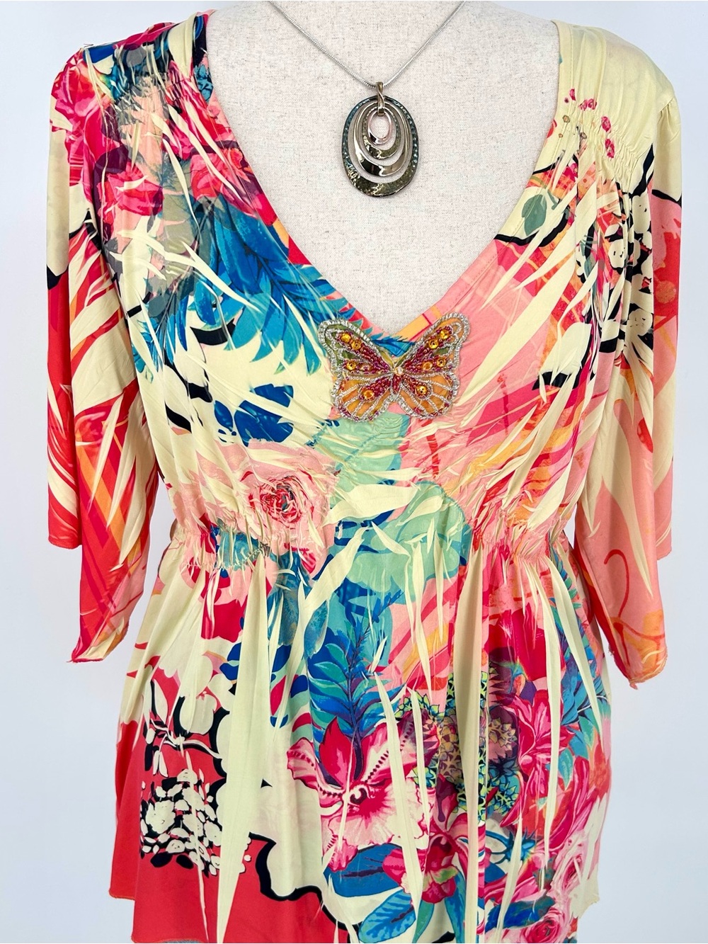 Y2K Butterfly Beaded Fairycore Top Bell Sleeve Artsy Boho Blouse